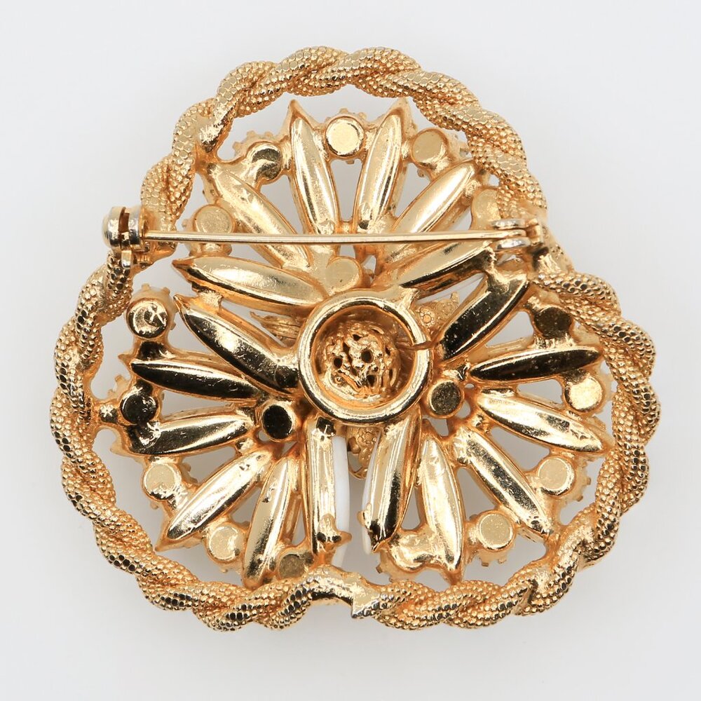 Vintage 3D Gold Tone Milk Glass Rhinestone Floral and Starburst Brooch 1950s - Picture 2 of 3